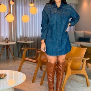 Vestido jeans curto abotoamento Frontal jeans Claudia Rabelo